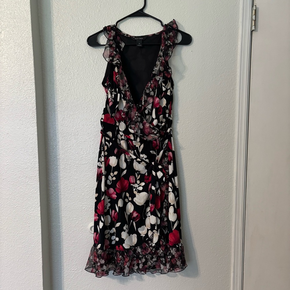 White House Black Market Floral Black and Pink Ruffle Women's Dress